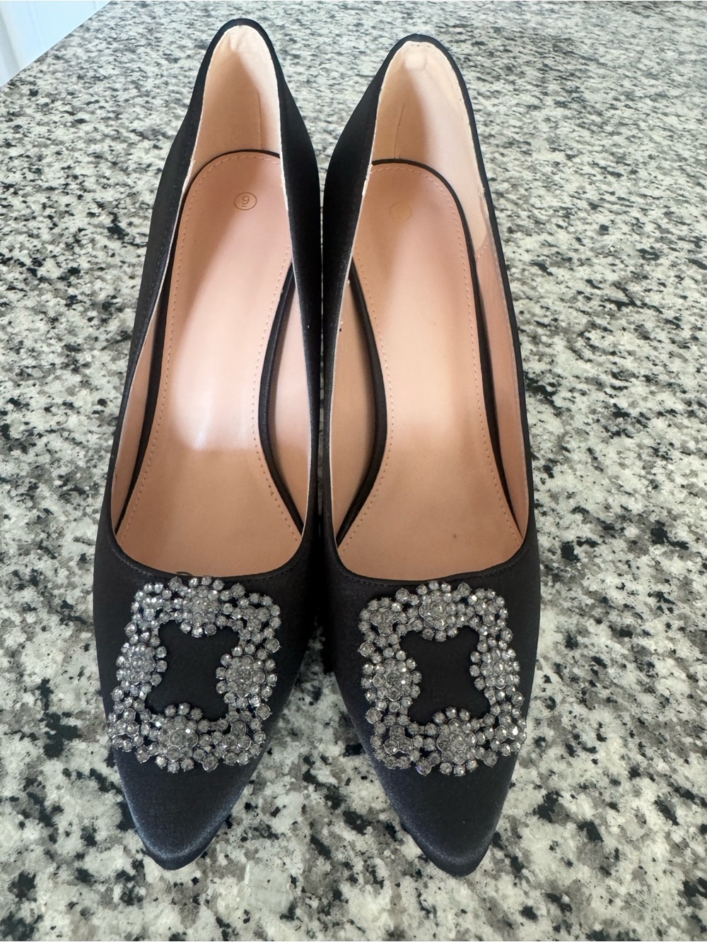 Black Satin Pointed Toe Pumps with Crystal Buckle